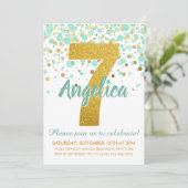 Invitation Glam 7e anniversaire Mint Green Gold Parties scint (Debout devant)