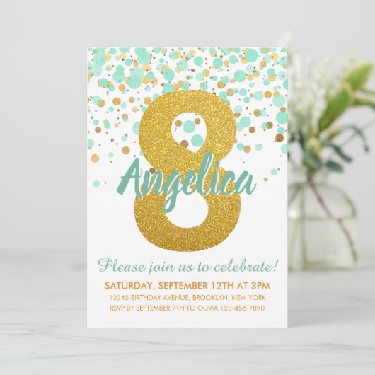Invitation Glam 8e anniversaire Mint Green Gold Parties scint (Debout devant)