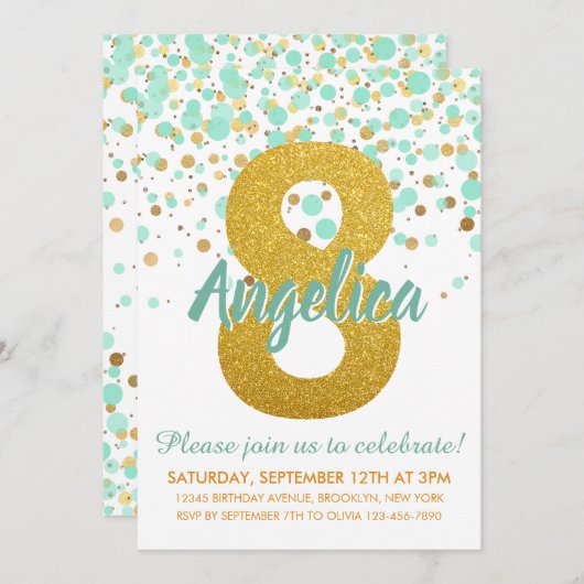 Invitation Glam 8e anniversaire Mint Green Gold Parties scint (Devant / Derrière)