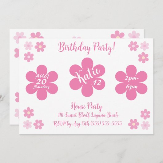 Invitation Glam à fleurs roses (Devant / Derrière)