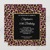 Invitation Glam à huile de léopard doré et violet 50e anniver (Devant / Derrière)