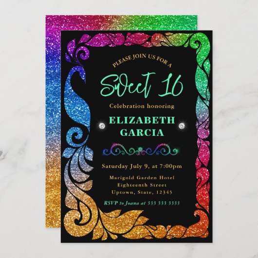 Invitation Glam arc-en-ciel Gradient Parties scintillant Peac (Devant / Derrière)