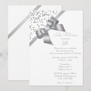 Invitation Glam Argent Confettis & Ruban Bijou 50e Anniversai