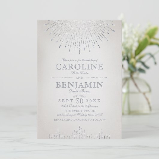 Invitation Glam argent parties scintillant art déco mariage v (Debout devant)