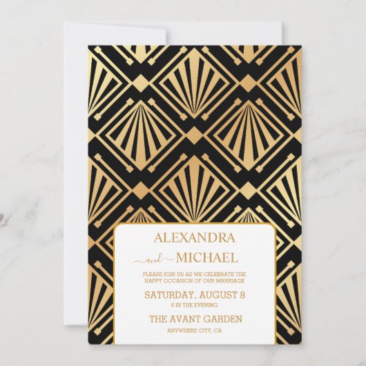 Invitation Glam Art Déco Black Gatsby 1920 Style Mariage (Devant)
