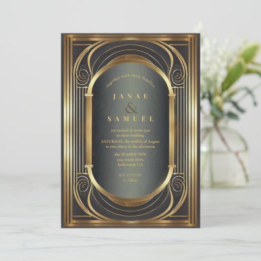 Invitation Glam Art Deco Mariage Noir/Or ID1033 (Debout devant)