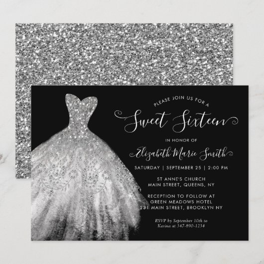 Invitation Glam Black Argent Parties scintillant robe sucré 1 (Devant / Derrière)