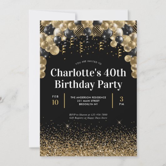 Invitation Glam Black Gold Balloon Parties scintillant N'impo (Devant)