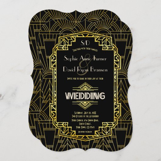 Invitation Glam Black & Gold Great Gatsby Art Déco Mariage (Devant / Derrière)