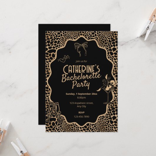 Invitation Glam Black & Gold Leopard Print Bachelorette Party (Devant/Arrière en situation)