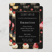 Invitation Glam Black Gold Parties scintillant Glitzy Cupcake (Devant / Derrière)