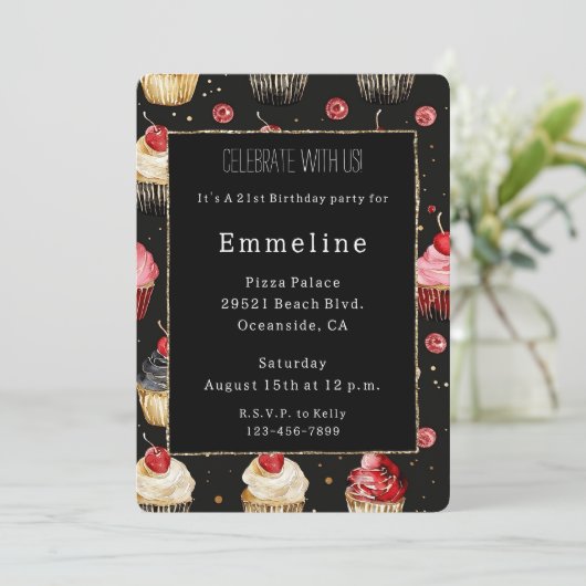 Invitation Glam Black Gold Parties scintillant Glitzy Cupcake (Debout devant)