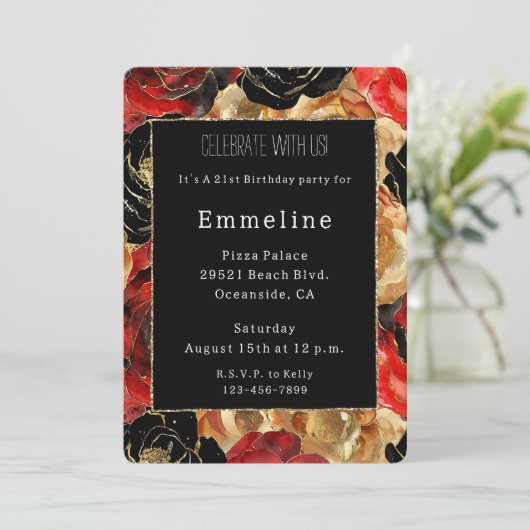 Invitation Glam Black Gold Parties scintillant Glitzy Floral (Debout devant)