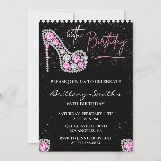 Invitation Glam Black Pink Silver Diamond 66e anniversaire (Devant)