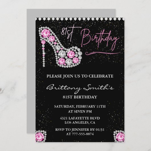 Invitation Glam Black Pink Silver Diamond 81e anniversaire (Devant / Derrière)