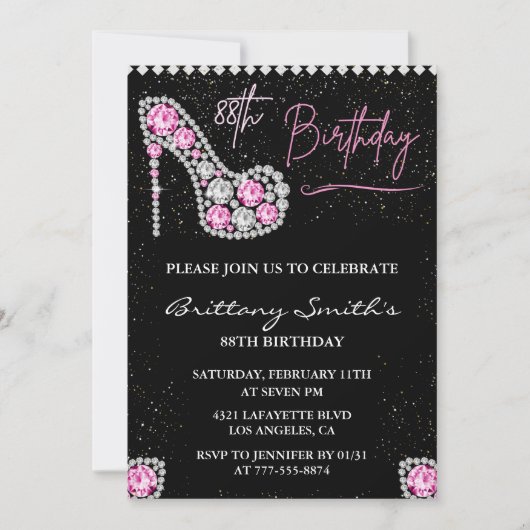 Invitation Glam Black Pink Silver Diamond 88e anniversaire (Devant)