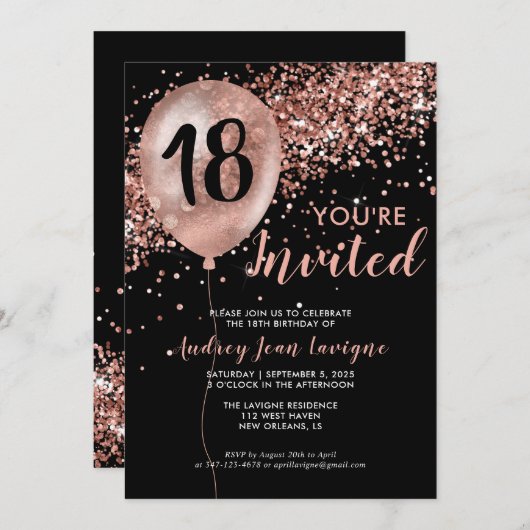 Invitation Glam Black Rose Gold Parties scintillant Balloon 1 (Devant / Derrière)