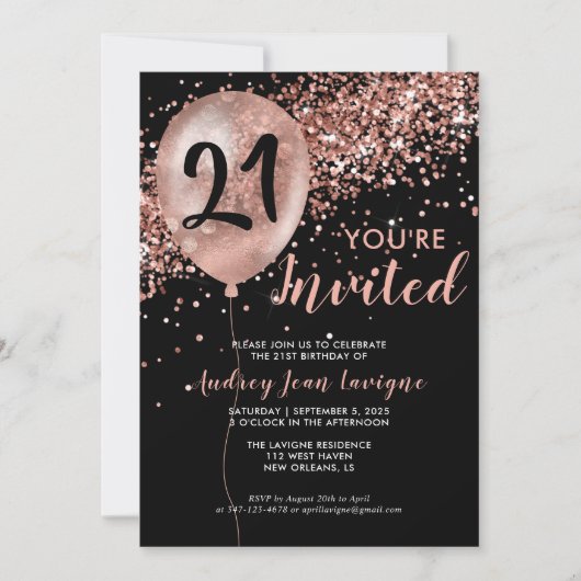 Invitation Glam Black Rose Gold Parties scintillant Balloon 2 (Devant)