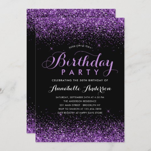 Invitation Glam Black Violet Parties scintillant Étincelle N' (Devant / Derrière)