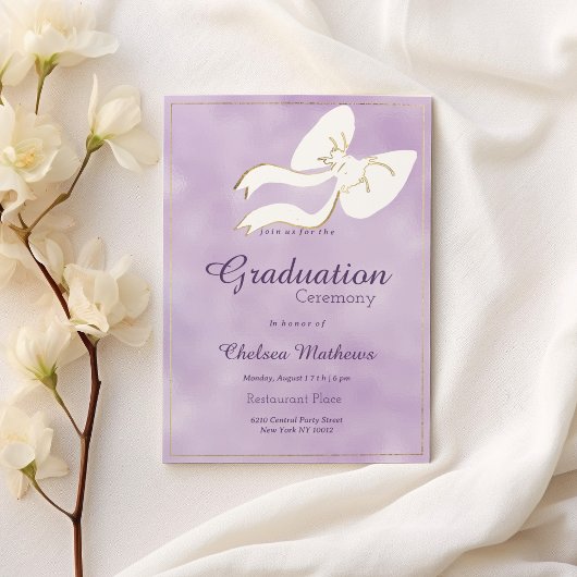 Invitation Glam blanc or arc lavande aquarelle Graduation