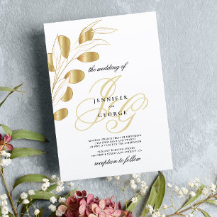 Invitation Glam blanc or monogramme initiales mariage floral
