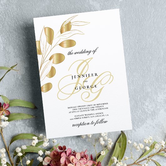 Invitation Glam blanc or monogramme initiales mariage floral