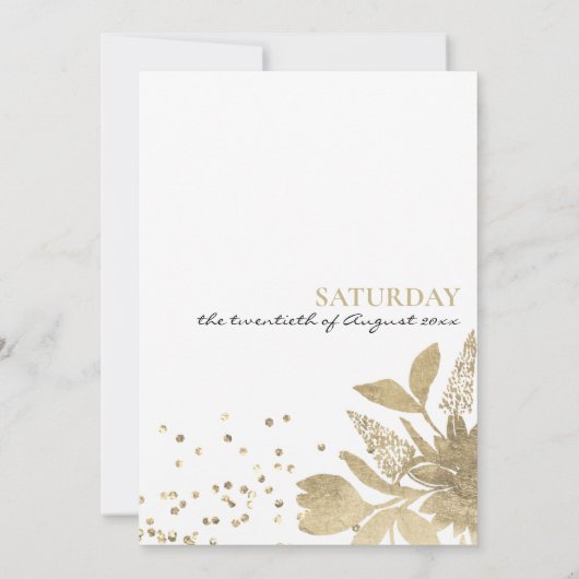 Invitation Glam blanc or typographie confetti floral Mariage (Dos)