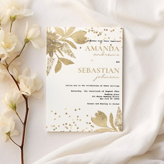 Invitation Glam blanc or typographie confetti floral Mariage