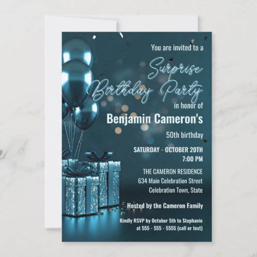 Invitation Glam bleu étincelant 50e fête d'anniversaire surpr (Devant)