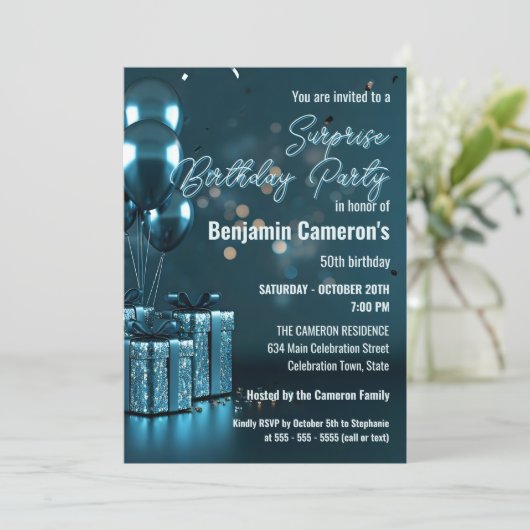 Invitation Glam bleu étincelant 50e fête d'anniversaire surpr (Debout devant)