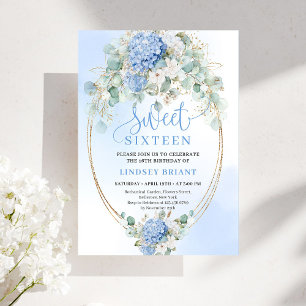 Invitation Glam Bleu Hydrangeas Or Fête des Seize