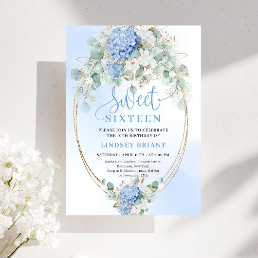 Invitation Glam Bleu Hydrangeas Or Fête des Seize