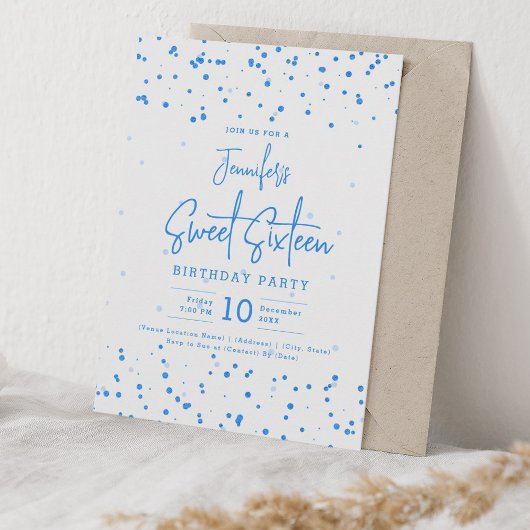 Invitation Glam Blue Faux Foil Dots Sweet 16 Party