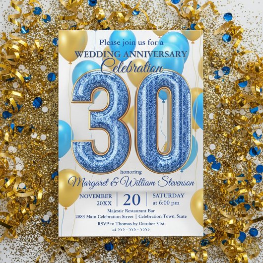 Invitation Glam Blue Gold Balloons 30th Wedding Anniversary