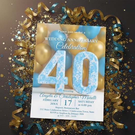 Invitation Glam Blue Gold Balloons 40th Wedding Anniversary