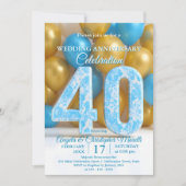 Invitation Glam Blue Gold Balloons 40th Wedding Anniversary (Devant)