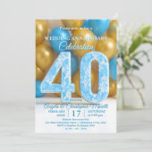 Invitation Glam Blue Gold Balloons 40th Wedding Anniversary (Debout devant)