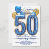 Invitation Glam Blue Gold Balloons 50th Wedding Anniversary (Devant)