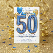 Invitation Glam Blue Gold Balloons 50th Wedding Anniversary
