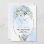 Invitation Glam Blue Hydrangea Gold Glitter 16th Birthday  (Devant)