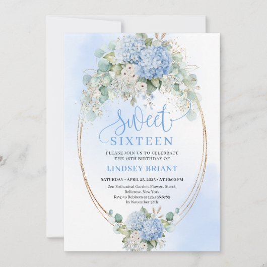 Invitation Glam Blue Hydrangea Gold Glitter 16th Birthday  (Devant)