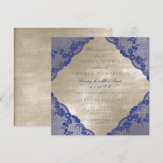 Invitation Glam Blue Navy dentelle ivoire velours Fête des ma (Devant / Derrière)