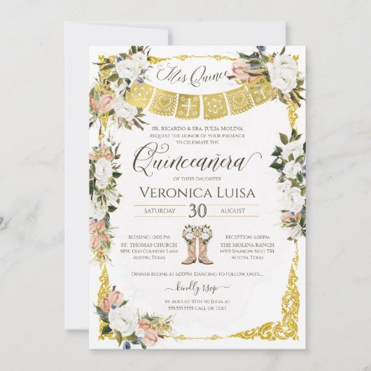 Invitation Glam Blush, blanc avec or Floral Quinceañera Inv (Devant)