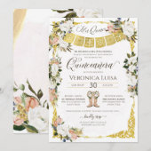 Invitation Glam Blush, blanc avec or Floral Quinceañera Inv (Devant / Derrière)
