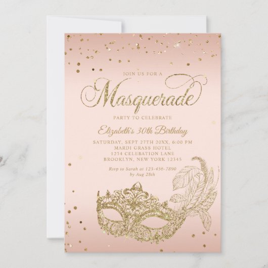 Invitation Glam Blush Parties scintillant or rose Masquerade  (Devant)