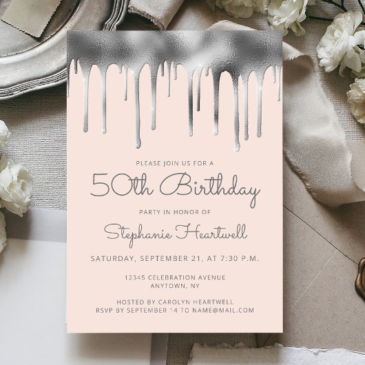 Invitation Glam Blush Rose Argent Paillement de Feuille 50e A