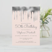 Invitation Glam Blush Rose Argent Paillement de Feuille 50e A (Debout devant)