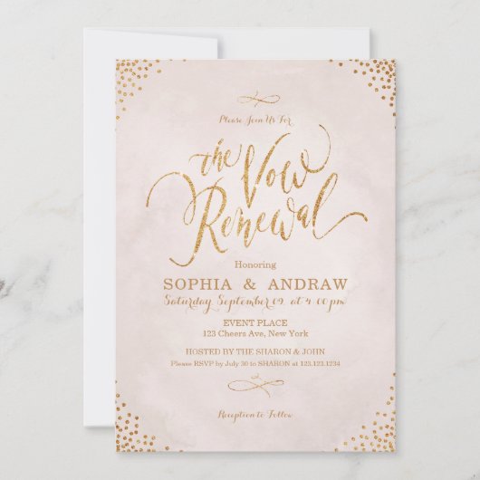 Invitation Glam blush rose or calligraphie voeu renouvellemen (Devant)