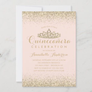 Invitation Glam Blush rose Quinceañera Gold Tiara Parties sci