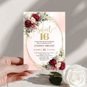 Invitation Glam Boho Bourgogne Or Floral Sweet Sixteen 16ème